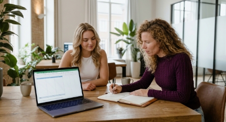 Twee collega's bespreken website investering en ROI bij laptop met spreadsheet op scherm