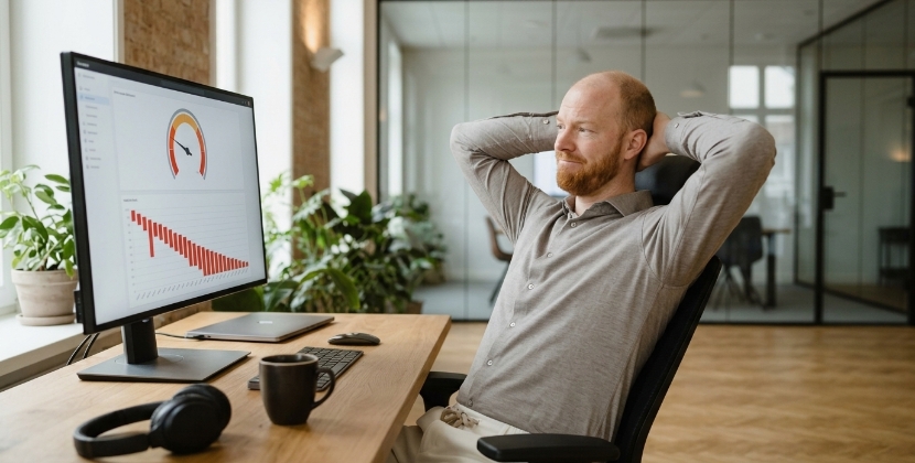 Developer bekijkt slechte performance-scores op scherm, verborgen kosten van goedkope website