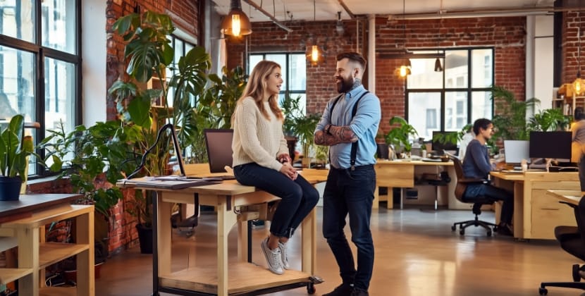 Studio Ubique colleagues discussing updates in a modern office; web design agency news article illustration, business discussion creative offic