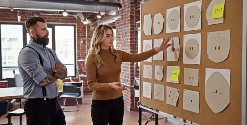 Two Developers in a stand-up meeting, organizing CSS framework ideas with sticky notes on a whiteboard