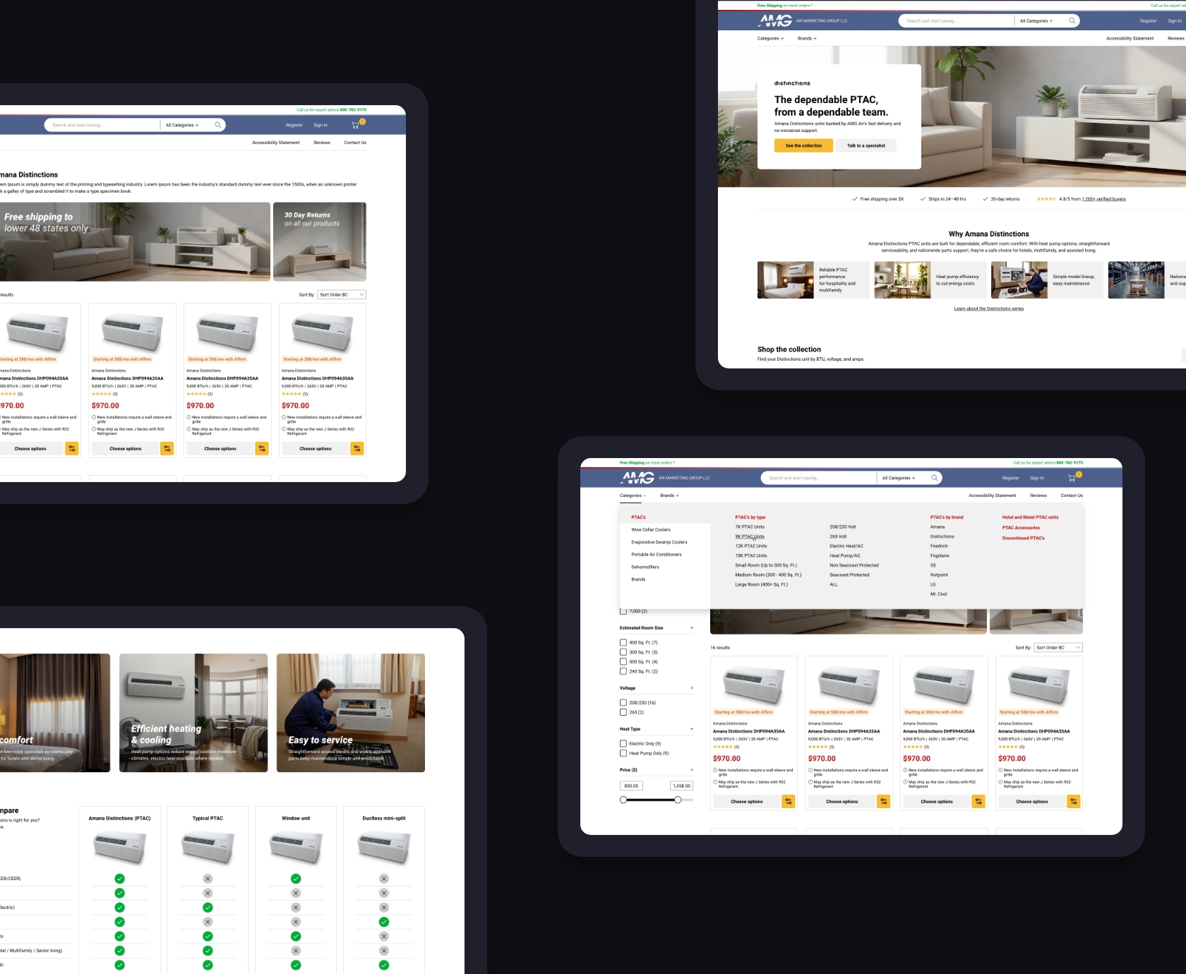 Collage van ontwerpschermen ecommerce redesign AMG Air, landingspagina en categoriepagina desktop overzicht