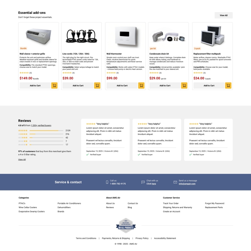Essential add-ons sectie en reviews ecommerce redesign AMG Air landingspagina volledige weergave