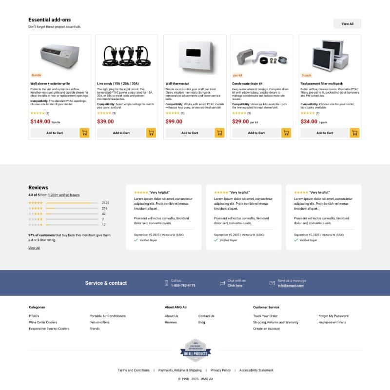 Essential add-ons cards with example pricing and customer reviews section with contact row, AMG Air ecommerce redesign