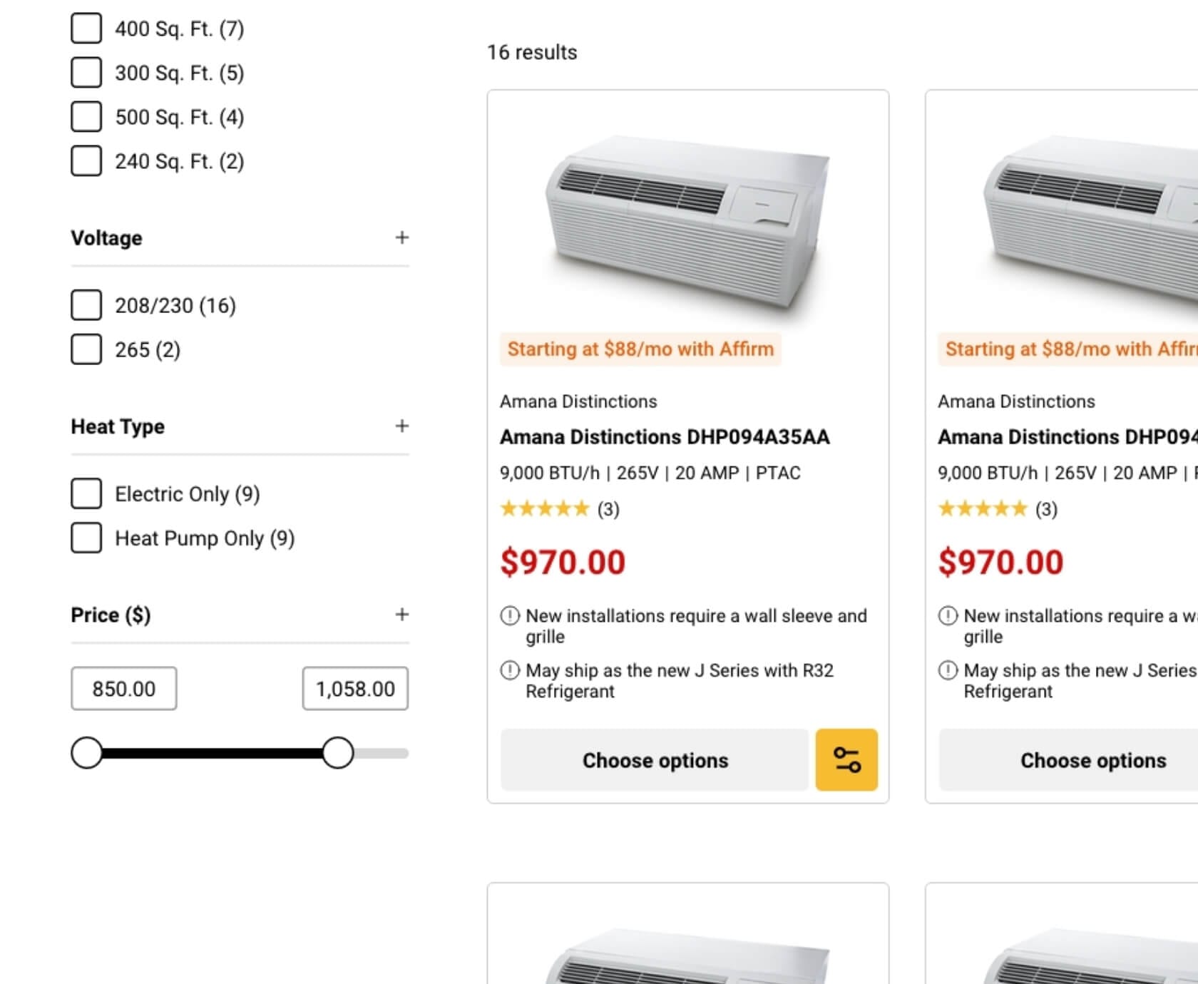 Category page close-up, left filters for room size, voltage, heat type and price, right product tile with specs and price, desktop ecommerce redesign