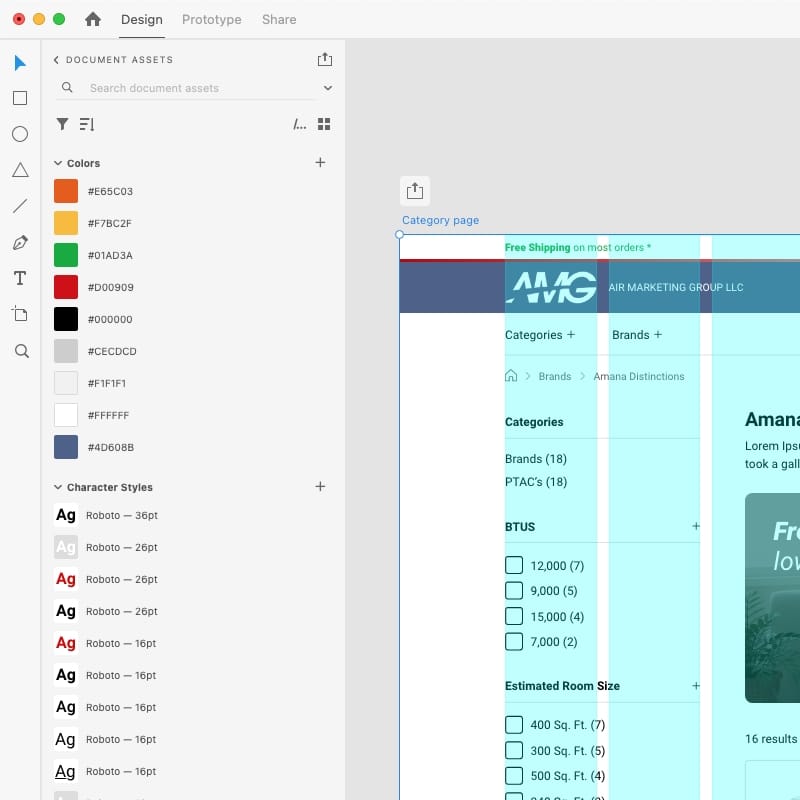 Adobe XD workspace showing color palette, character styles and category page artboard for AMG Air redesign