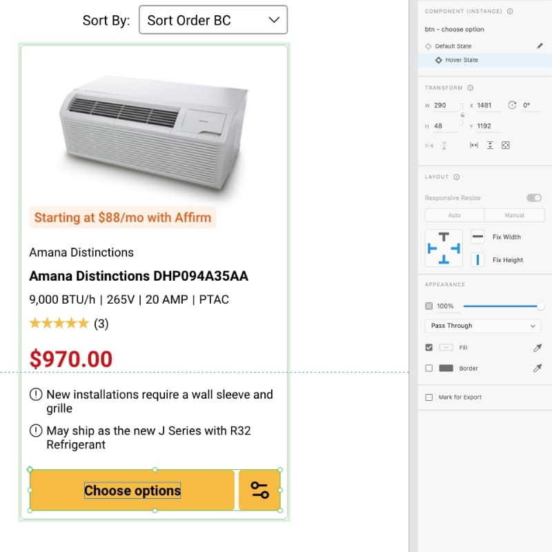 Adobe XD component view of product card with hover state, pricing and CTA for AMG Air category page