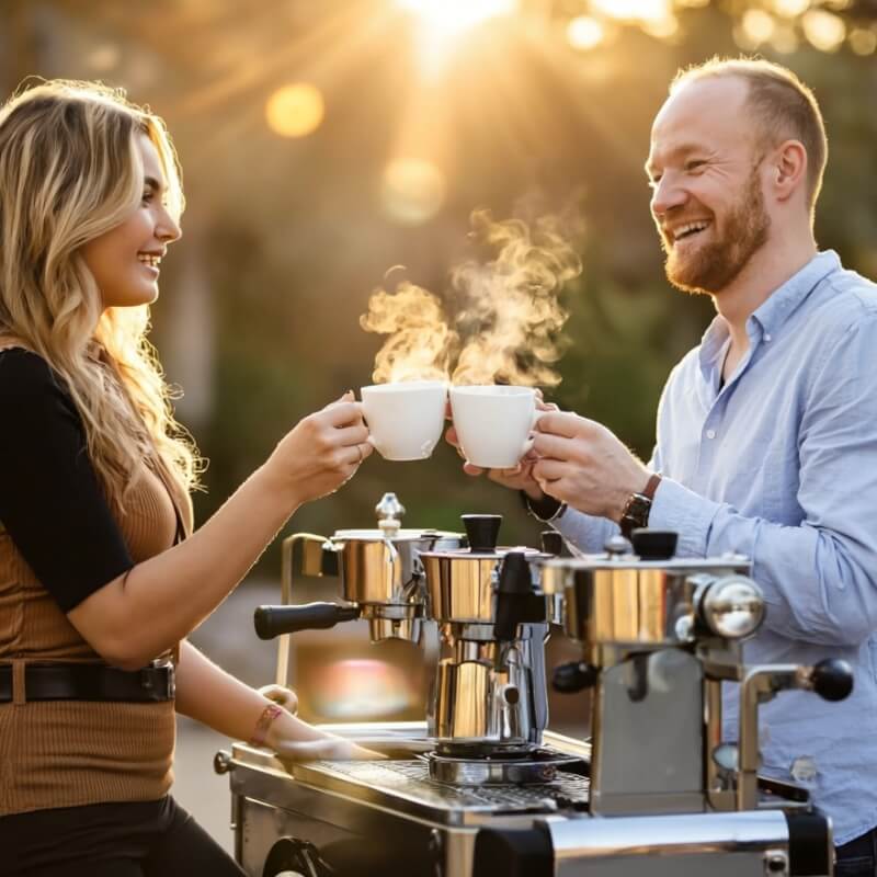 Coffee break with client after ecommerce redesign milestone, casual outdoor espresso scene