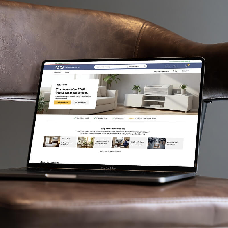 Ecommerce redesign AMG Air landingspagina op MacBook Pro, laptop schermmockup webshop UX design