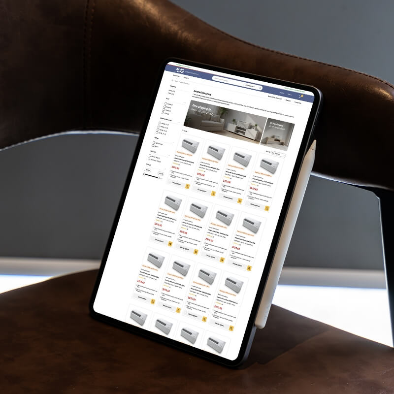 Ecommerce redesign AMG Air categoriepagina op iPad, tablet schermmockup webshop UX design