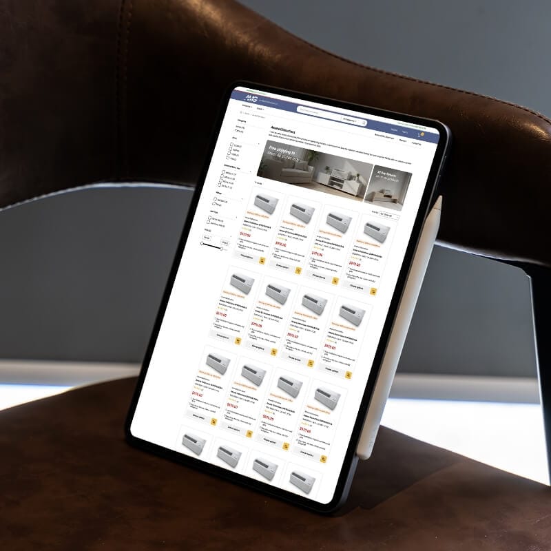 Tablet mockup of AMG Air category page redesign with left filters and product grid