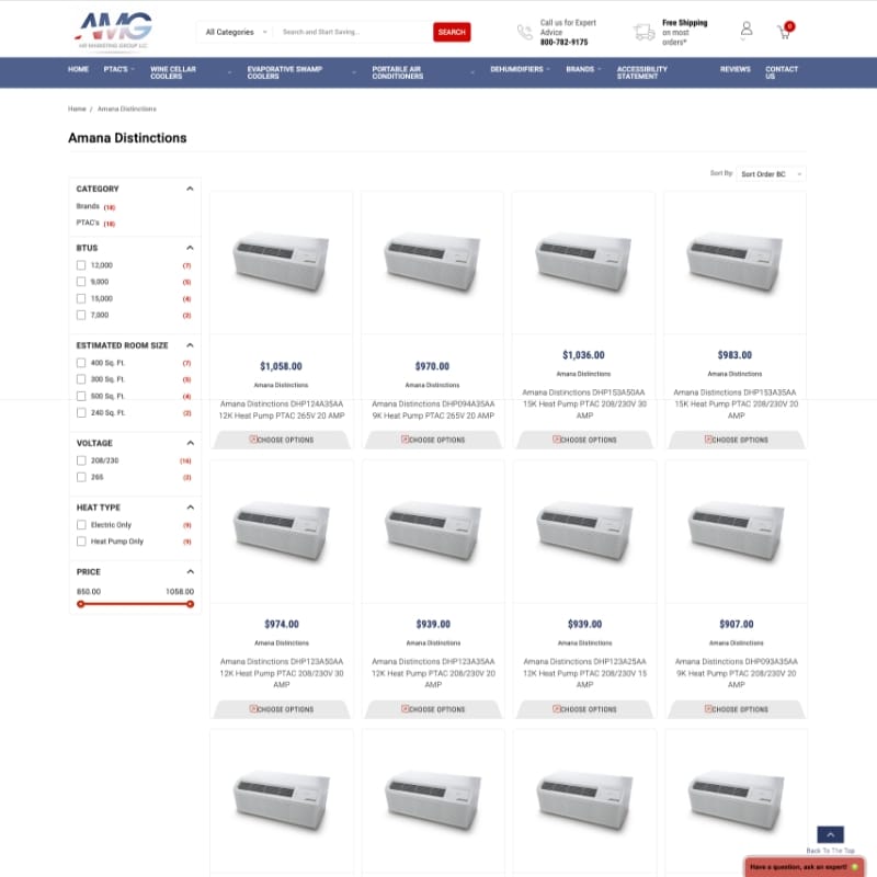 Original AMG Air category page before redesign, product grid with left filters