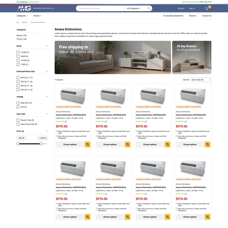 Herontworpen AMG Air categoriepagina na ecommerce redesign, overzichtelijk productgrid met duidelijke filternavigatie