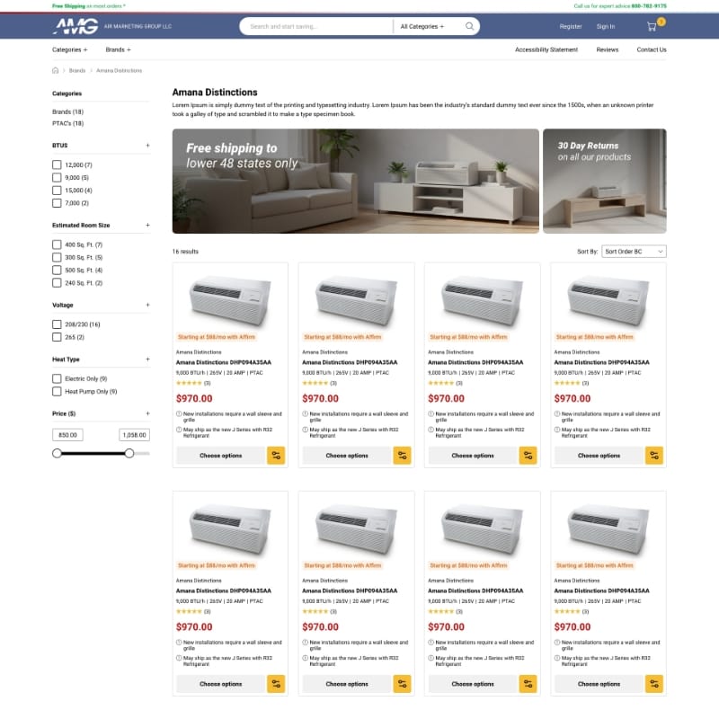 Redesigned AMG Air category page, clear filters and readable product tiles, desktop category page UX