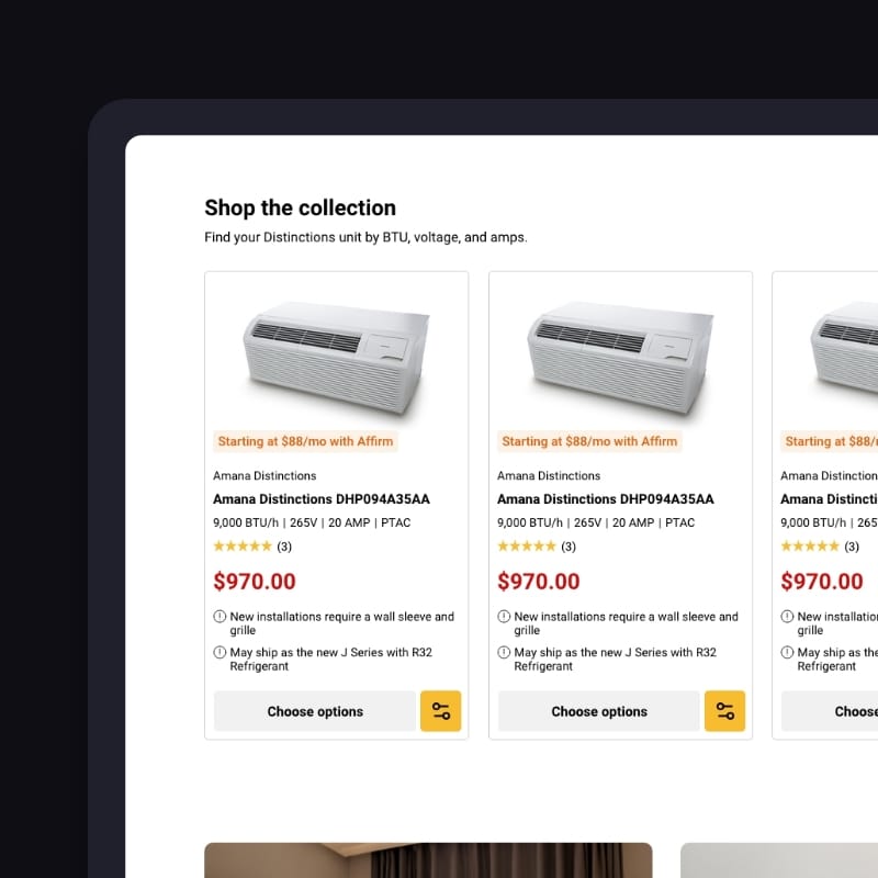 Shop the collection section, Amana Distinctions product tiles with pricing and specs, desktop ecommerce redesign