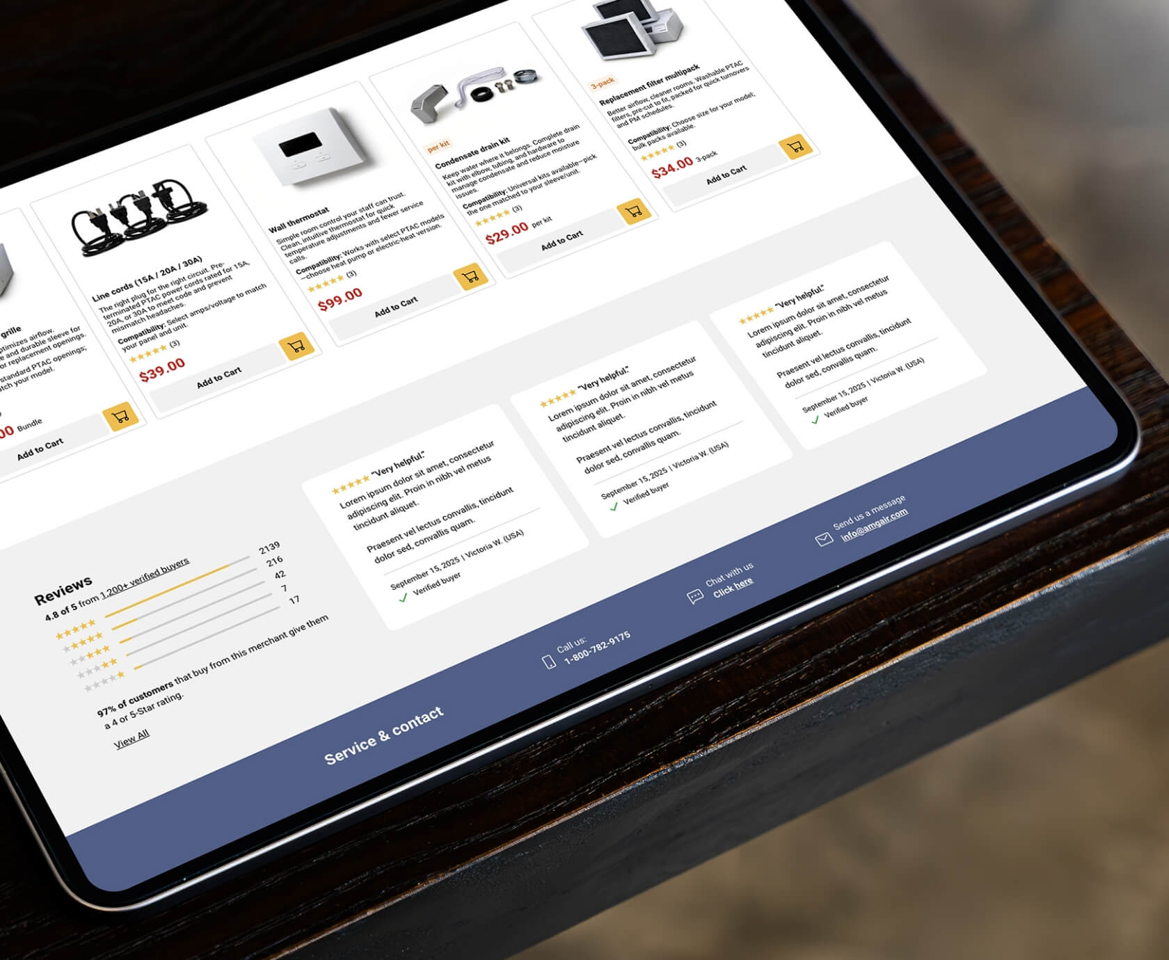 Accessoires upsell sectie en reviews webshop UX design AMG Air op tablet