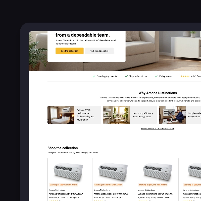 Landingspagina hero en productkaarten ecommerce redesign AMG Air Amana Distinctions