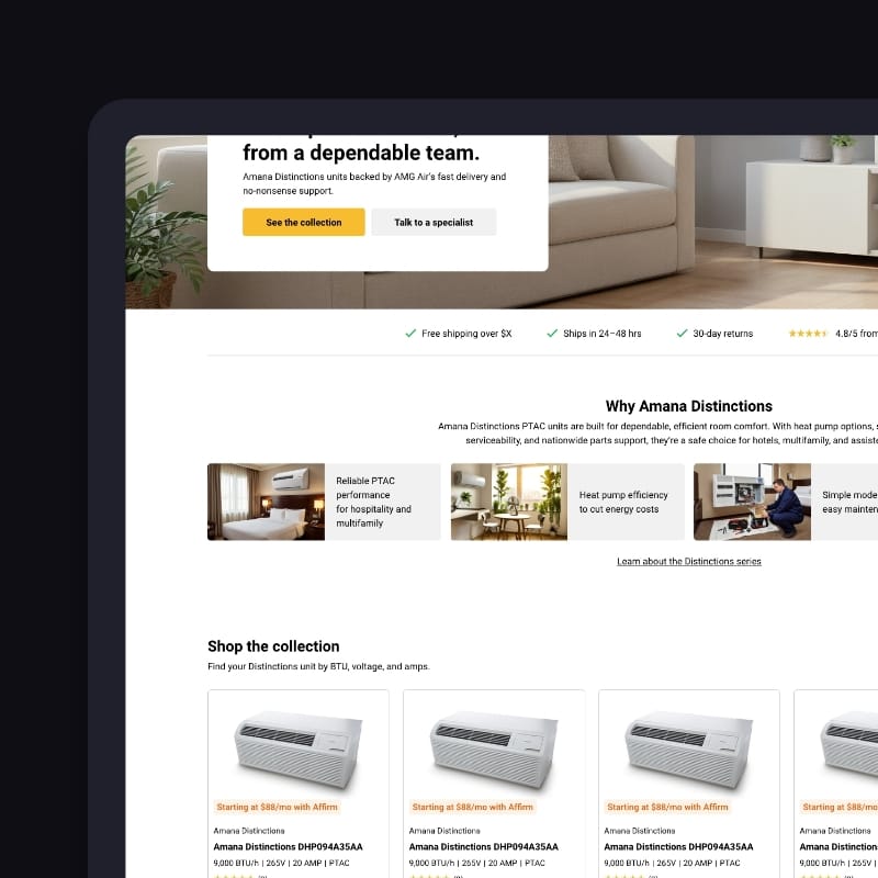 Landing page redesign, hero with trust strip and ‘Why Amana Distinctions’ benefits above shop the collection grid