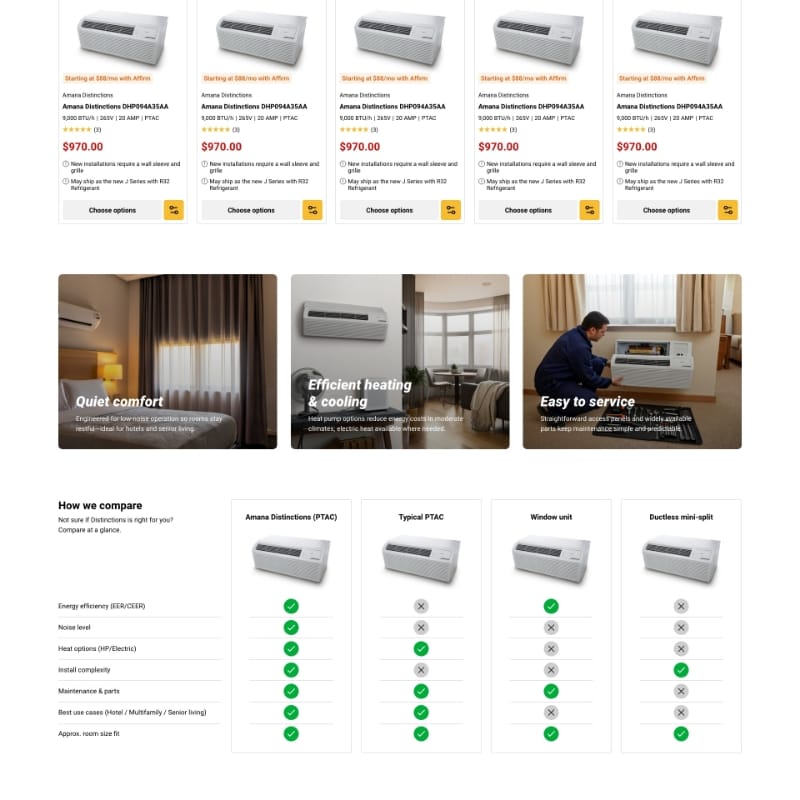 Feature trio, quiet comfort, efficient heating and cooling, easy to service, plus comparison table, desktop landing page redesign