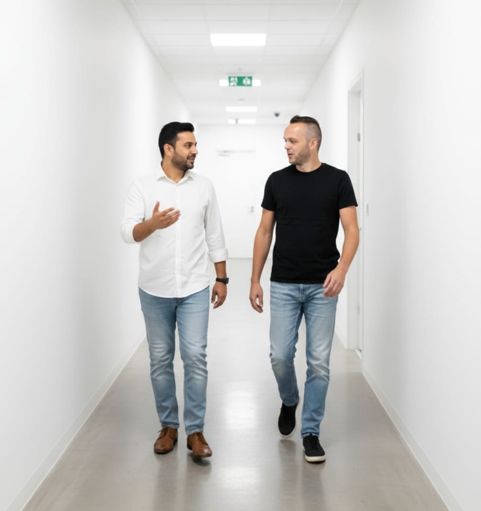 Walk-and-talk with an upward hand gesture to suggest easy scalability