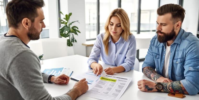 Client meeting with developers reviewing cross platform app development costs documents