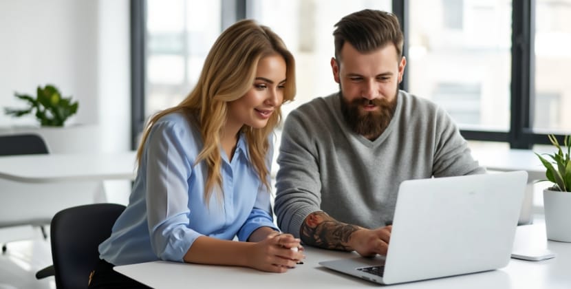 App developers collaborating while reviewing cross platform app development budget.