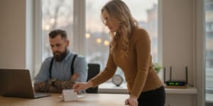 Floating uptime ring near laptop with cloud backdrop, calm office — 99.99% uptime SLA