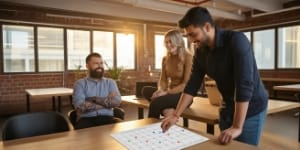 Planning session with blank month card and colored dots, discussing rollover support hours — flexible SLA