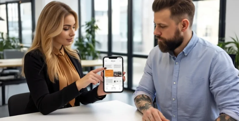 Web designers reviewing a website redesign layout on a smartphone