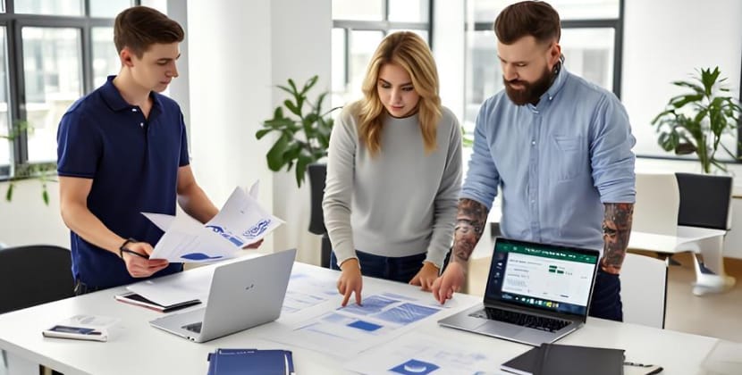 Web development team reviewing website development process.