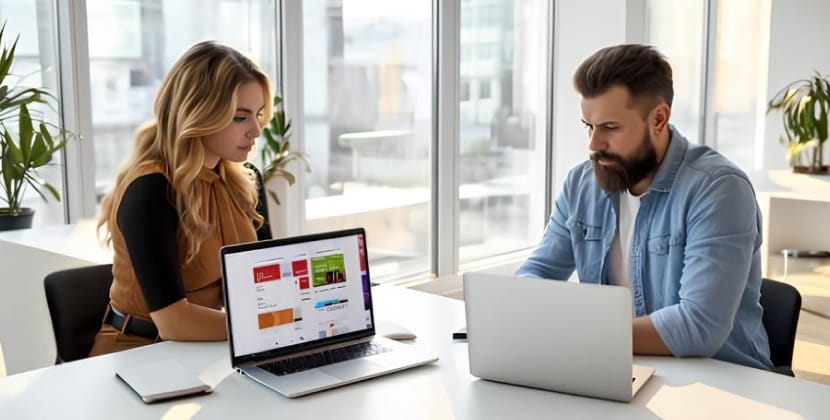 team comparing a custom website vs template design on laptop