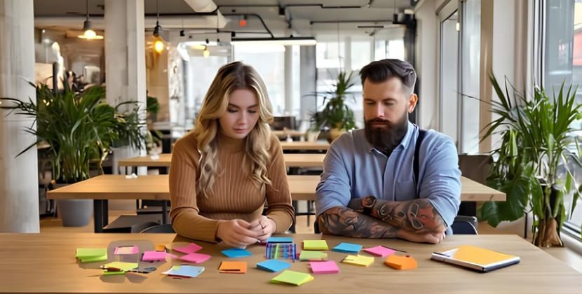 Developers brainstorming best CSS frameworks ideas with sticky notes.