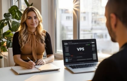 Over-the-shoulder view of teammate as @img1 reviews a managed VPS dashboard