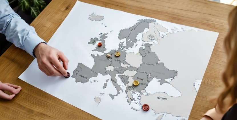 Map of Europe with pins marking key countries, symbolizing regional payment gateways