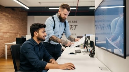 Design lead reviewing wireframes with a developer—UX/UI design for websites and apps