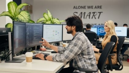 Developer coding custom website development and apps that scale on a multi-monitor setup