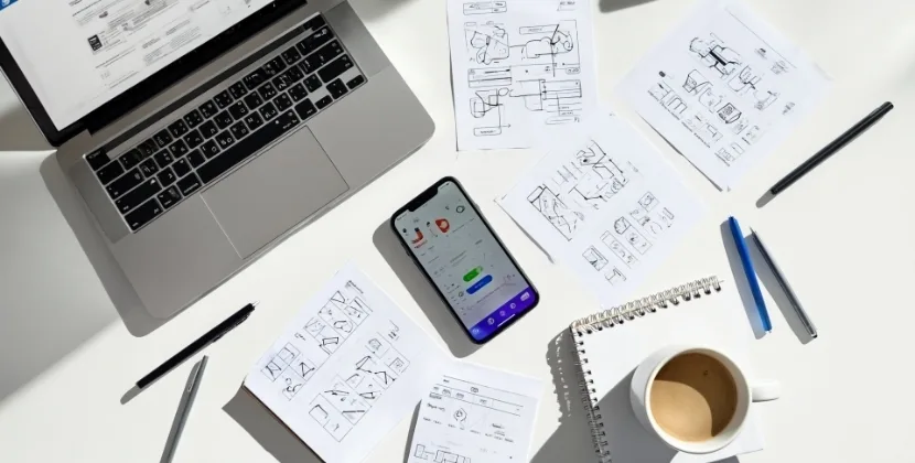 Mobile app development workspace with charts comparing cross-platform frameworks