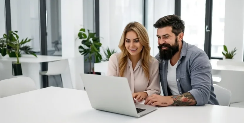 Two app developers reviewing a mobile app project together on a laptop