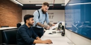 Reviewing tasks and time on a dashboard with printed summary sheet — transparent SLA reporting