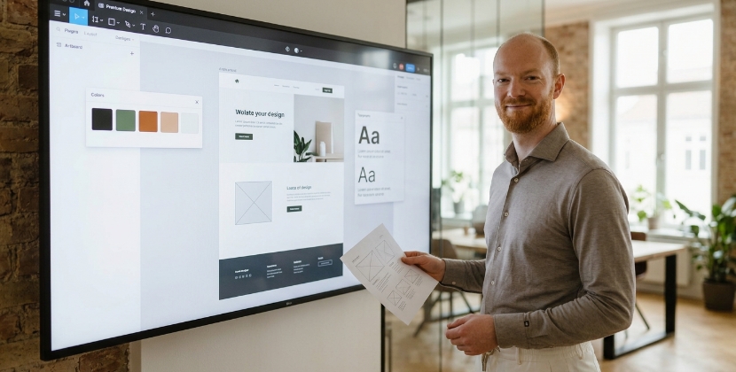 Designer vergelijkt schets met custom website design op scherm, branding en UX op maat