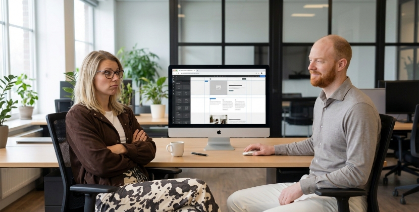 Twee collega's bekijken template website builder op iMac met sceptische blik, keuze tussen custom en template
