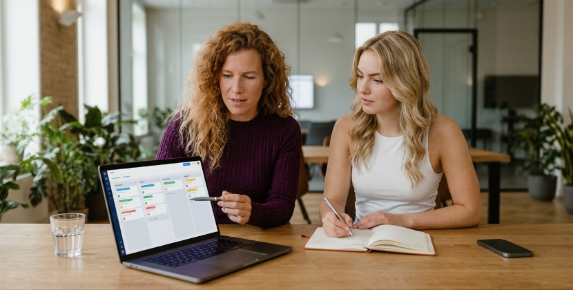 Team plant custom website project bij kanban-bord op laptop, kostenvergelijking template vs maatwerk