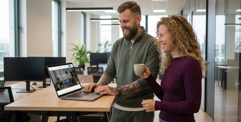 Team viert lancering van custom website bij laptop met live site op scherm