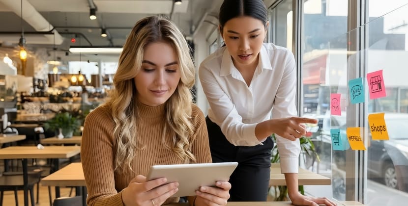 Two website designers comparing features of Drupal vs WordPress