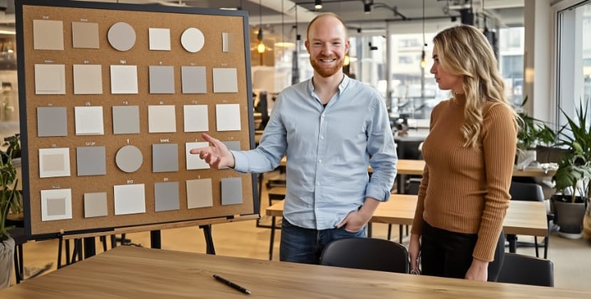 Two programmers discussing backend programming languages using icon cards on a board
