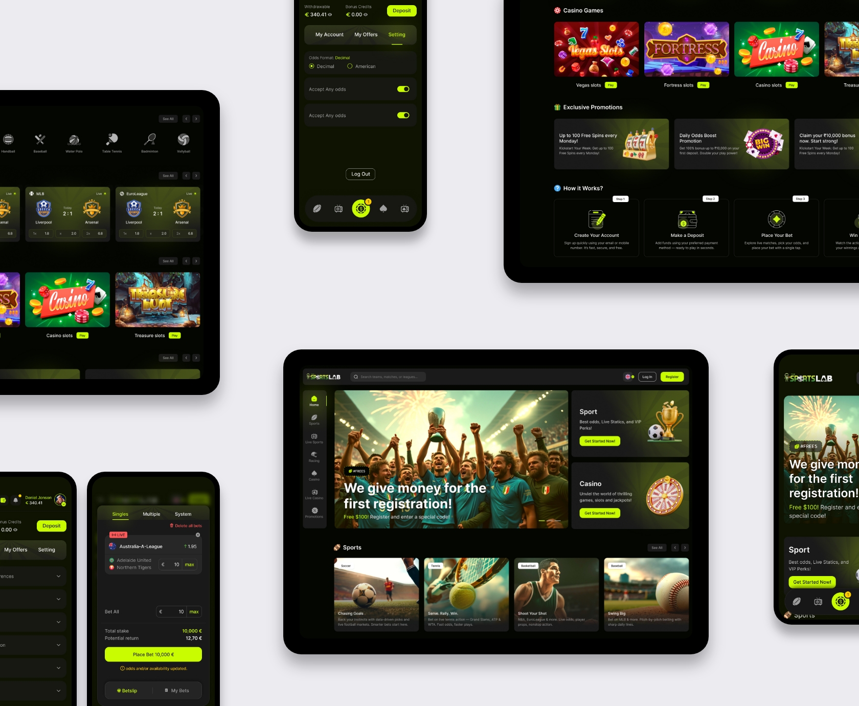 Neon Slate sportsbook UI design overzicht: mobiel, tablet en desktop met betslip, casinogames en promoties