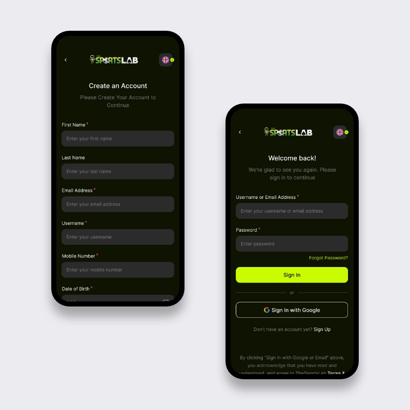 Sportsbook onboarding UX: registratieformulier en inlogscherm op mobiel