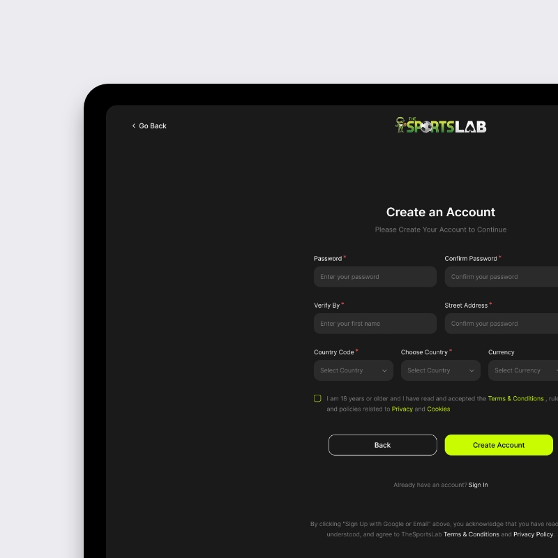 Desktop registratieflow sportsbook met wachtwoord, landkeuze en accountaanmaak
