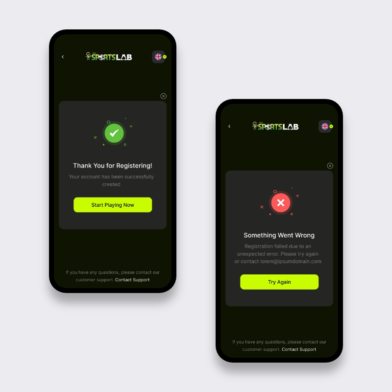 Mobiele sportsbook UI: succesmelding na registratie en foutscherm met hersteloptie