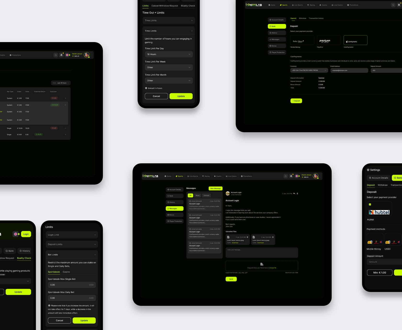 Wallet en limieten UI: stortingsscherm, berichtenoverzicht en verantwoord gokken instellingen