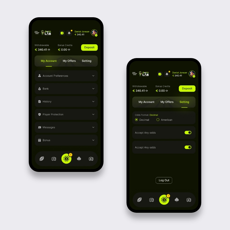 Mobiele sportsbook accountmenu en odds-instellingen in Neon Slate iGaming frontend